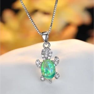 “Just Keep Swimming” Green Opal Turtle Dainty Cute Sterling Silver Gift Necklace